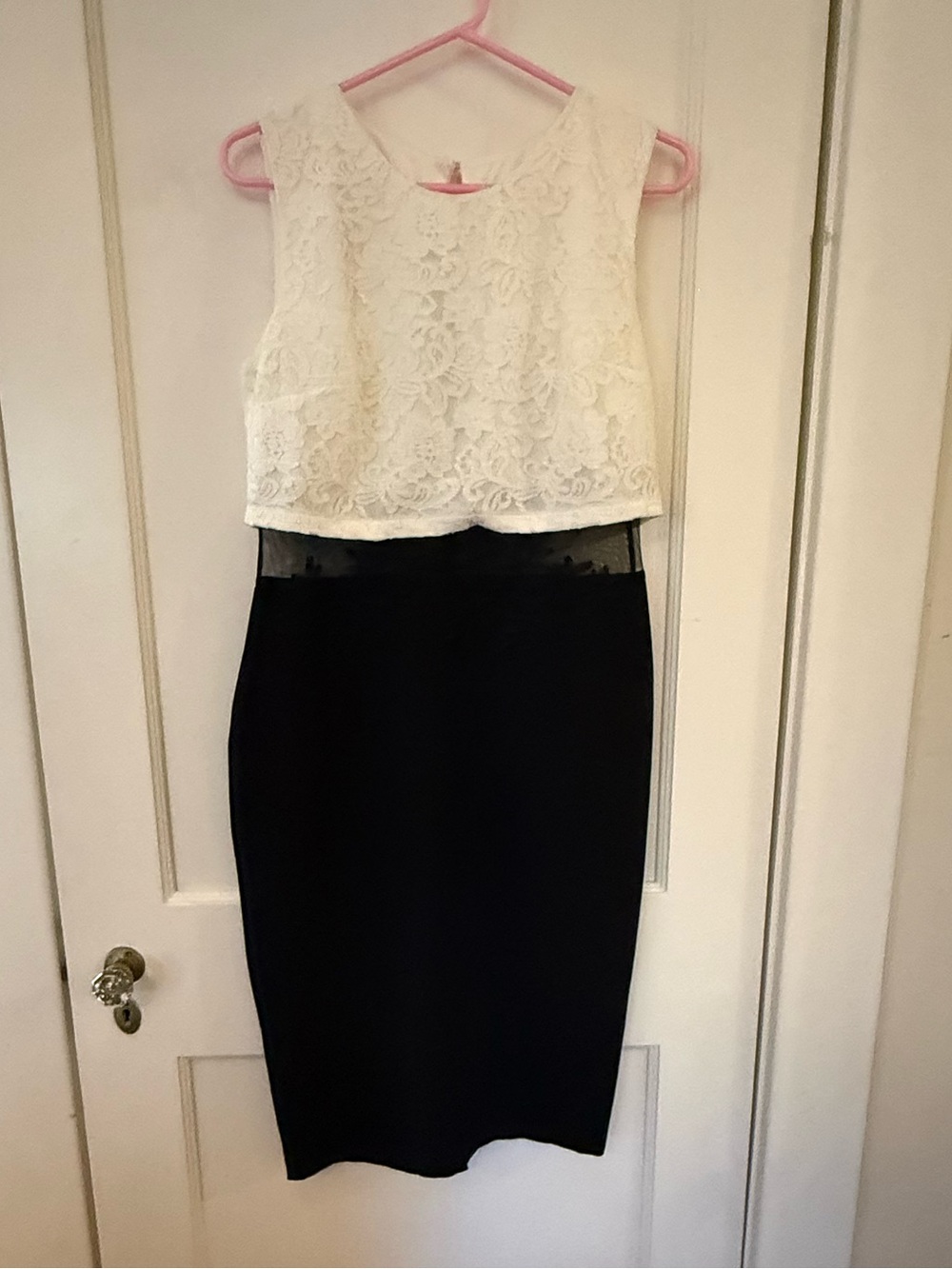 Two-Tone Lace Crop Top with Black Pencil Skirt